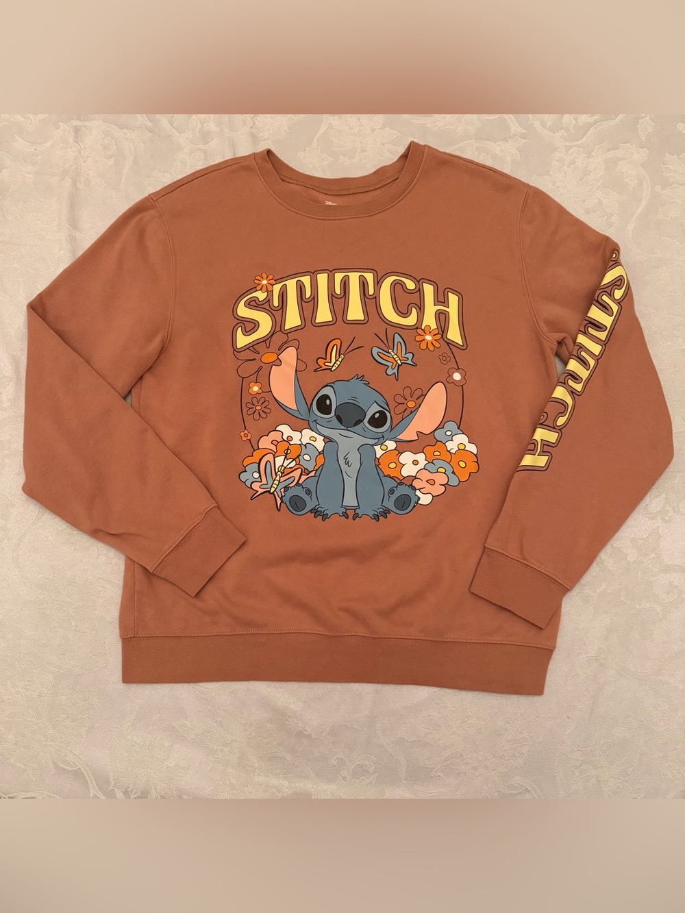 Disney Lilo & Stitch Graphic Sweatshirt Terracotta Mauve Sleeve Print Size L
